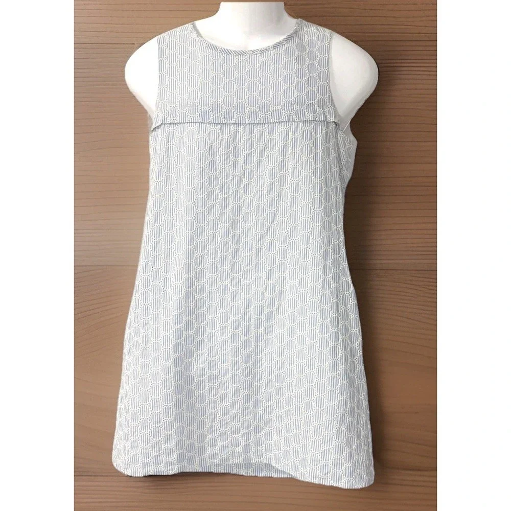 J. Crew Dress Womens 10 Blue White Seersucker Eyelet Shift Lined Side Pocket